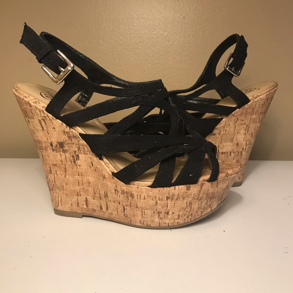 Black and Cork Wedge Sandals